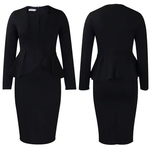 Front and back view of elegant black long sleeve plus size peplum OL office dress