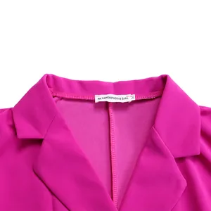 Vue détaillée du col blazer élégant et de l'étiquette tissée sur une robe magenta