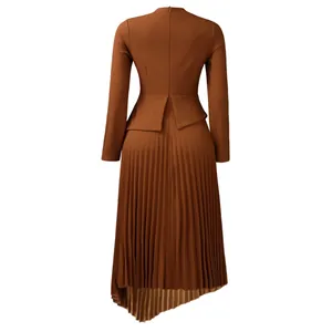 Back view of brown elegant midi dress featuring asymmetrical pleated hem and peplum waist