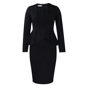 Detailed view of an elegant black long-sleeve dress featuring a flattering peplum waist.
