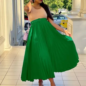 Élégante jupe midi plissée vert émeraude à taille haute avec ceinture assortie pour femme