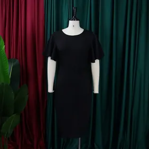 Elegant black high-waisted office dress with flutter sleeves for professional women