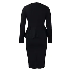 Back view of black long sleeve OL peplum dress featuring an elegant pencil skirt cut