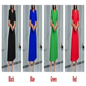 Elegant V-neck pleated midi dress shown in black, blue, green, and red options