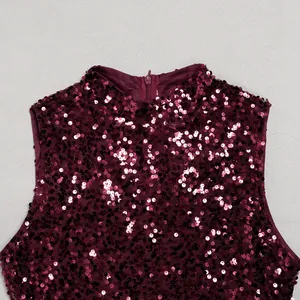 Detailed view of burgundy sequined cocktail dress neckline with hidden back zipper