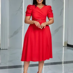 Elegant red V-neck dress featuring pleated puff sleeves and matching belted waistline