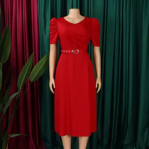 Elegant red V-neck pleated midi dress with puff sleeves and matching belt details