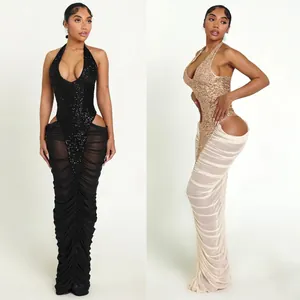 Damen Sexy Elegant Neckholder Pailletten Netz-Patchwork Gerafft Hoher Schlitz Bodycon Midi Kleid Für Party Bankett Hochzeit Soziale Events