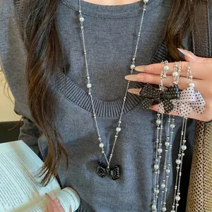 Collana con Pendente a Fiocco in Acrilico a Pois Giapponese Con Perle Artificiali Catena Lunga Argento per Gioielli Donna