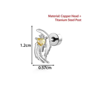 Angel wing heart zircon cartilage stud earring with durable titanium steel bar design
