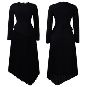 Elegant black midi dress with asymmetric neckline and pleated skirt, front and back view