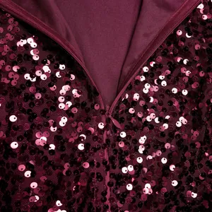 High-quality close-up of wine red sequin mesh dress fabric showing invisible zipper