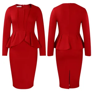 Detailed front and back view of elegant red long-sleeve peplum pencil dress for women.