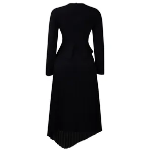 Elegant black high-waisted pleated midi dress with asymmetrical hem back view display
