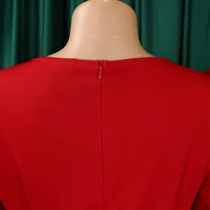 Detailed close-up showing the invisible back zipper of an elegant red pleated dress