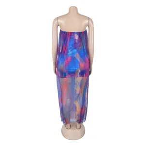 Vue arrière détaillée d'une robe moulante en tulle coloré avec imprimé tie-dye abstrait
