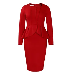Front view of elegant red peplum dress showing square neckline and ruffled waist detail.