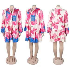 Detailed multi-angle views of elegant floral print V-neck color-block short dress