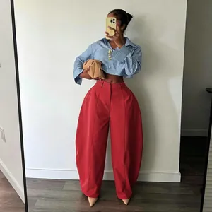 High-waist ultra-wide leg red trousers with oversized silhouette for women