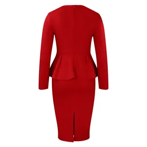 Elegant red long sleeve peplum pencil dress shown from the back view for OL style