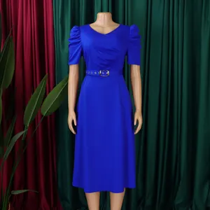 Elegant royal blue V-neck pleated midi dress with puff sleeves and waist belt on mannequin