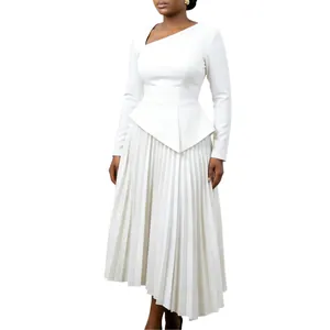 Detail showing the elegant cut of a white mid-length dress with asymmetrical collar