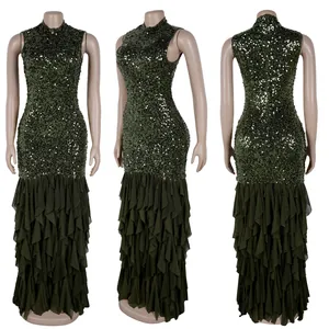Detail view of dark green sequin sleeveless maxi dress with tiered ruffle mermaid hem.