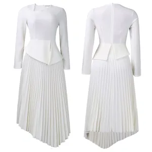 Detailed front and back views of a white asymmetrical pleated dress with a peplum waist