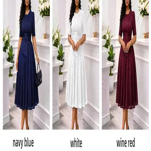 Elegant lace patchwork high waist faux two-piece dress in navy blue, white and wine red