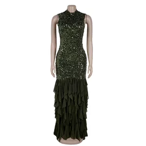 Detailed view of dark green sequin mesh patchwork sleeveless maxi dress on mannequin