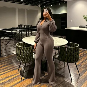 Women's Elegant Ribbed Knit Top And Bottom Set Lapel Collar Lantern Sleeve Top And Flare Pants Solid Color Suit Autumn