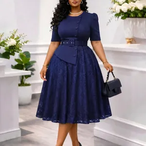 Elegant navy blue plus size dress with lace patchwork and belted waist detail