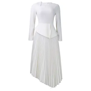 Elegant white long sleeve pleated midi dress with asymmetrical neckline and waist peplum