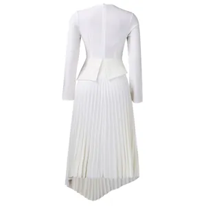 Back view of an elegant white pleated midi dress featuring a high waist peplum detail.