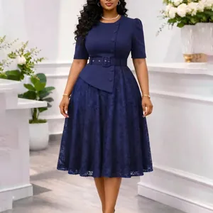 Detail view showing the navy blue faux two-piece lace midi dress with waist belt