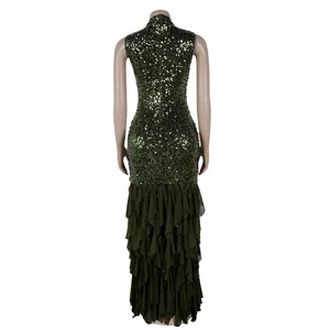 Full back view of an elegant olive green sequin gown with tiered ruffle mesh skirt