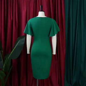 Detailed back view of an elegant green bodycon dress with flutter sleeves for office