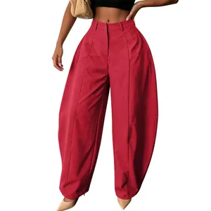 Elegant red high-waisted wide-leg trousers with loose fit for a modern office look