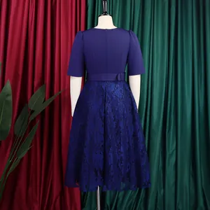 Back view detail of elegant navy blue lace patchwork high waist party dress for women