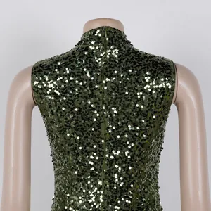 Back detail view of elegant olive green sequined mesh dress featuring high neck and zipper