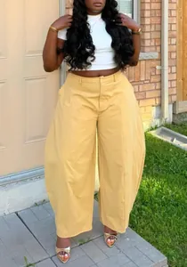 Detail shot of loose silhouette yellow casual trousers for a chic and stylish commute.