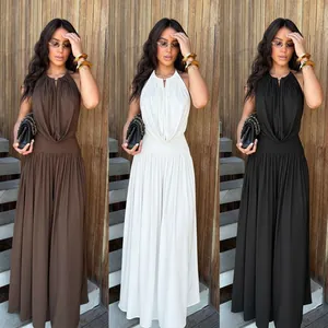 Display of three color options for the elegant halter neck and wide-leg trousers set.