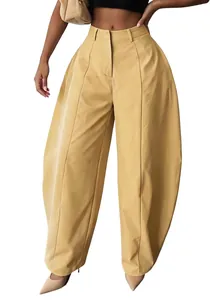 Detail view of khaki high-waisted wide-leg trousers with a loose silhouette for commute.