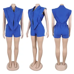 Blaue ärmellose Romper mit V-Ausschnitt, asymmetrischem Saum und elastischer Taille