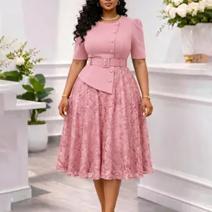 Elegant pink lace-spliced peplum dress with decorative buttons and matching waist belt.