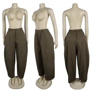 Front, side, and back detail views of these loose-fit high-waisted brown casual pants