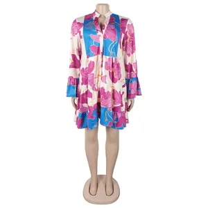 Elegant loose floral print V-neck mini dress with pink flower contrast color detail