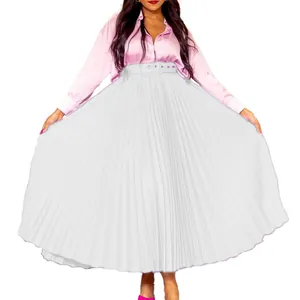 Détail d'une jupe midi plissée blanche à taille haute avec ceinture assortie incluse.
