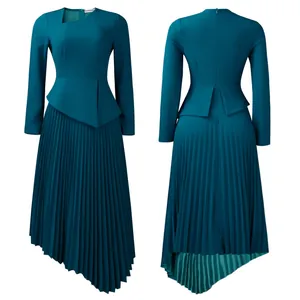 Detailed front and back views of an elegant teal diagonal neck pleated midi dress