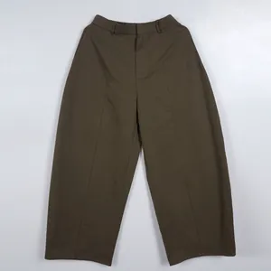 High-quality front view of olive brown wide-leg loose trousers for casual style